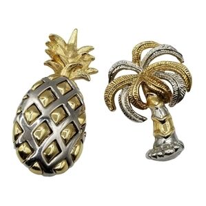 Liz Claiborne Pineapple Brooch Gold Silver Tone Palm Tree Tropical Pin Lot
